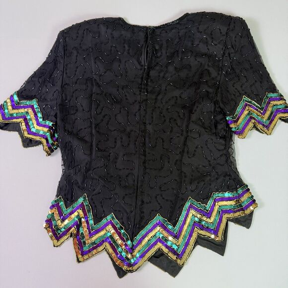 Vintage Scala Silk Beaded Sequin Top Petite Medium Art Deco Glam Flawed Zipper - Picture 6 of 15